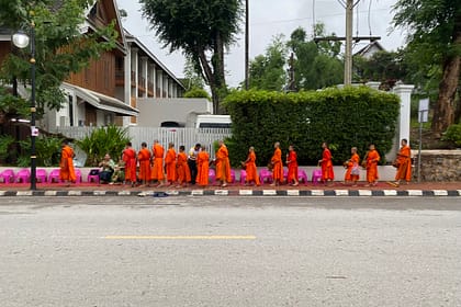Files de monjos budistes recollint almoines a Luang Prabang, una tradició espiritual imprescindible per descobrir què fer a Luang Prabang