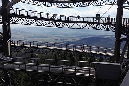 Passarel·les del Skywalk de la República Txeca vistes de prop, amb l’estructura metàl·lica i el bosc al voltant