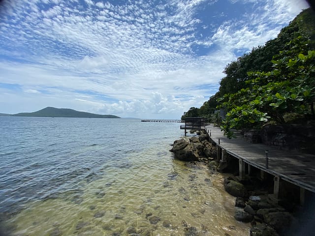 Passeig de fusta entre la jungla i la costa a Koh Rong Sanloem