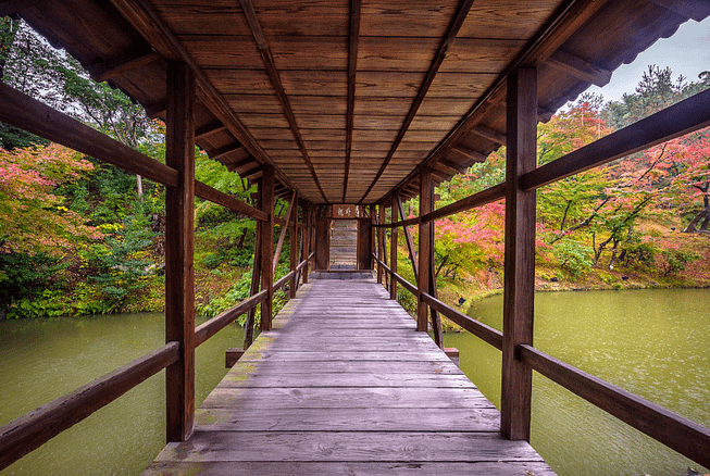 Pont de fusta tradicional creuant un rierol d’aigües clares enmig del bosc, a la regió de Takayama.