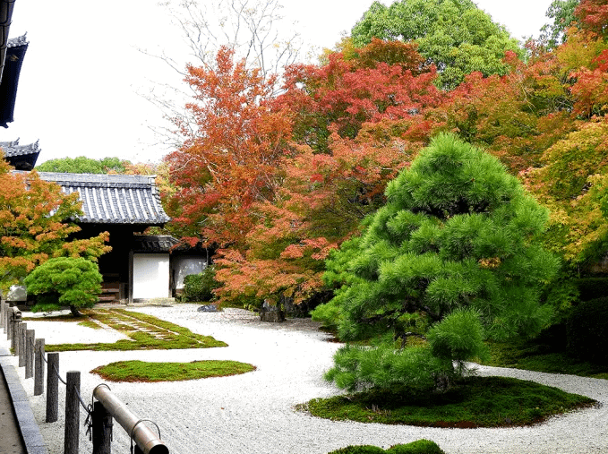 Jardins zen del temple Nanzen-ji a Kyoto amb fulles de tardor i camins de pedra envoltats de natura.