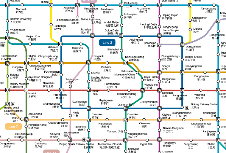 Mapa detallat del metro de Pequín amb línies, estacions i connexions principals