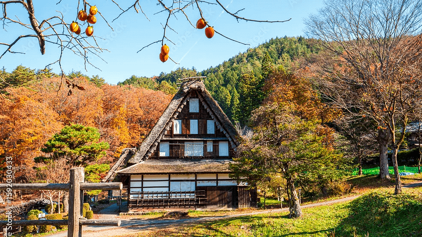 Casa tradicional de Hida-no-Sato davant del llac als Alps japonesos
