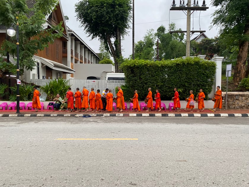Files de monjos budistes recollint almoines a Luang Prabang, una tradició espiritual imprescindible per descobrir què fer a Luang Prabang