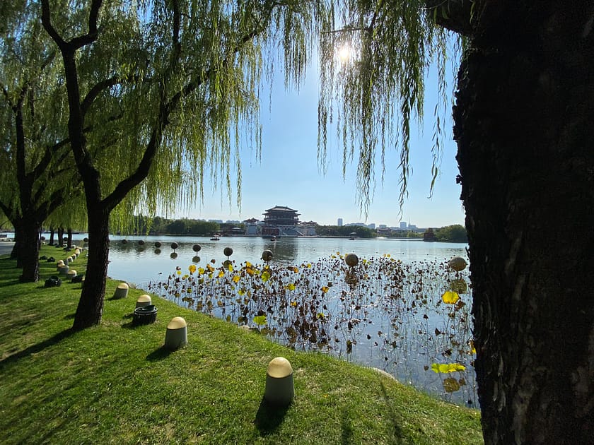 Vista panoràmica del llac al parc Tang de Xi’an amb arquitectura tradicional xinesa reflectida a l’aigua