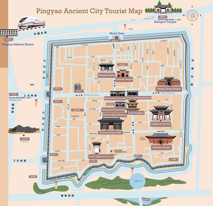 Mapa detallat de Pingyao amb els principals punts d’interès turístic